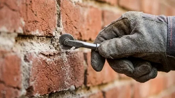 Mason tooling fresh mortar into brick joints worn down by coastal moisture