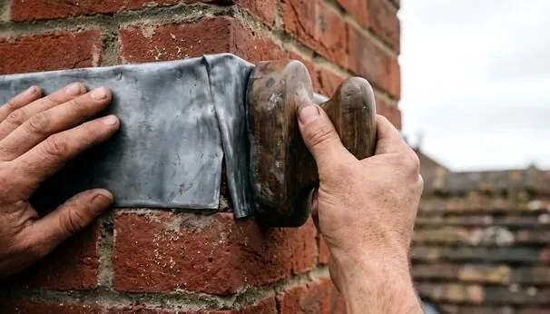 Flashing sealed at the chimney base