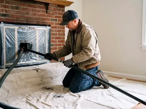 Fireplace opening covered with drop cloths during a clean